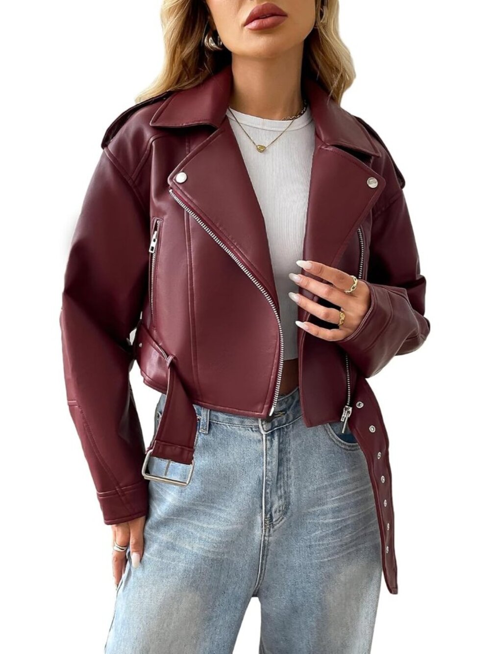 Women's Wine Red Long Sleeve Coat Fall Belt Faux Leather Winter Cropped Jacket